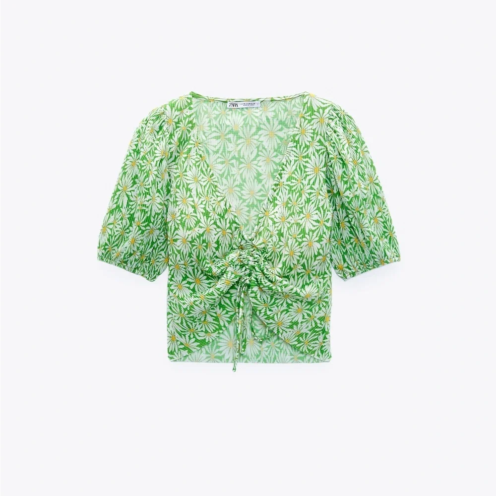 SOLD - Green ZARA Daisy Scrunched Top - Picture 8 of 10